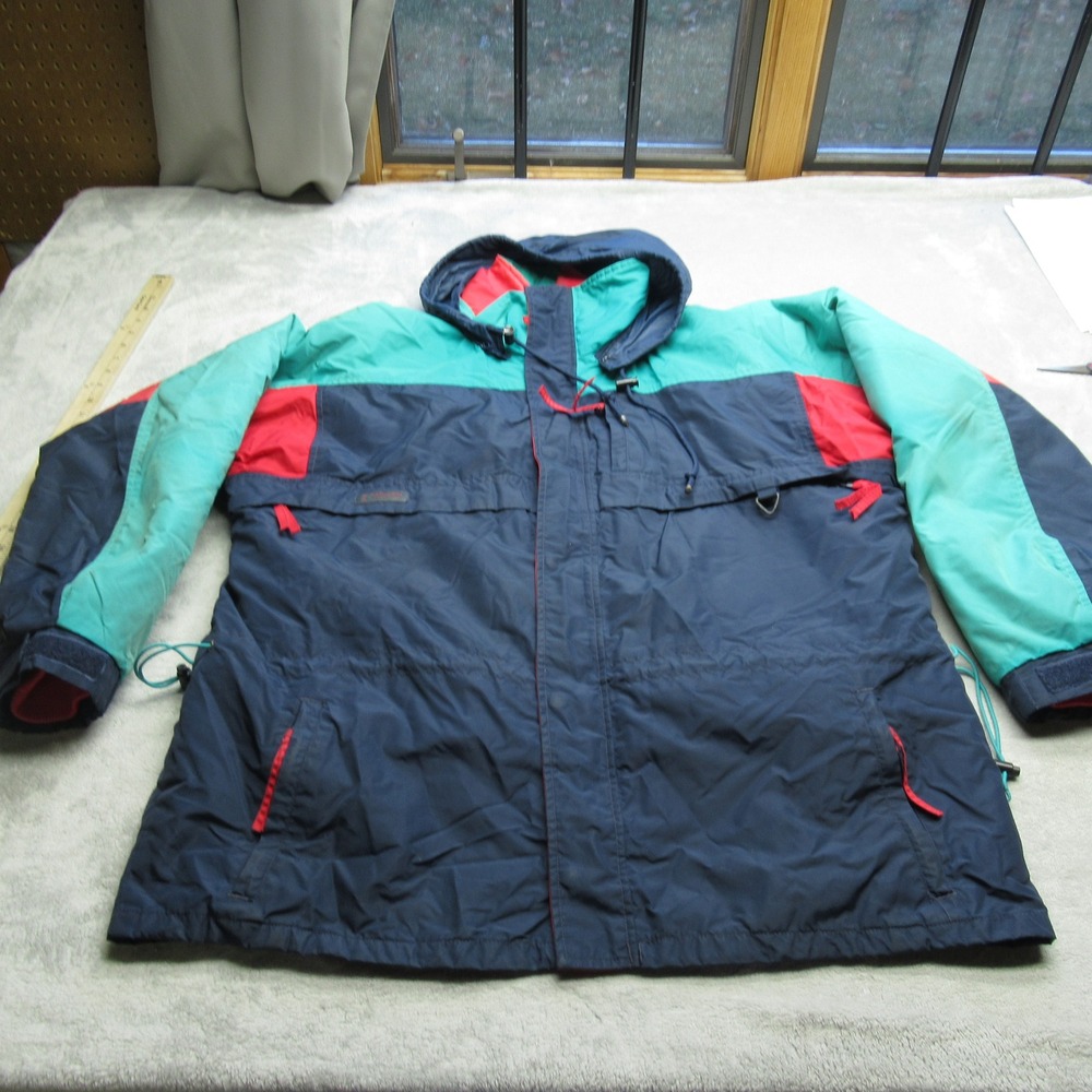 Columbia Jacket Mens L Blue Drawstring Hooded Insulated Full Zip Pockets Vintage